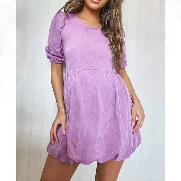 NWT Boohoo Puffball High Waist Mini Smock Dress Petite Purple 0 - Picture 1 of 12